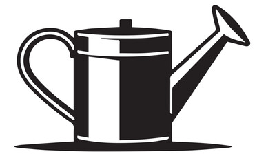 A black and white graphic of a traditional watering can, with a handle and spout, on a white background.