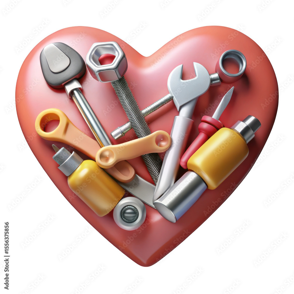 Poster heart shape filled with tools isolated on transparent background