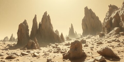 A desert landscape with rock formations and a hazy sky on a desolate and rocky terrain area