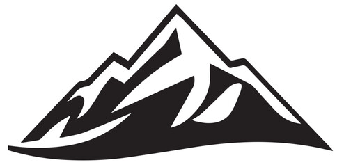 A minimalist black silhouette of jagged mountains with snow-capped peaks against a white background.