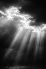 Soft black and white light beams in cloudy sky &ndash; peaceful spiritual background and divine calm
