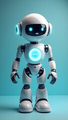 Friendly Robot Companion: A charming white robot stands tall with glowing eyes and a beaming smile, embodying the futuristic potential of artificial intelligence and technological innovation.