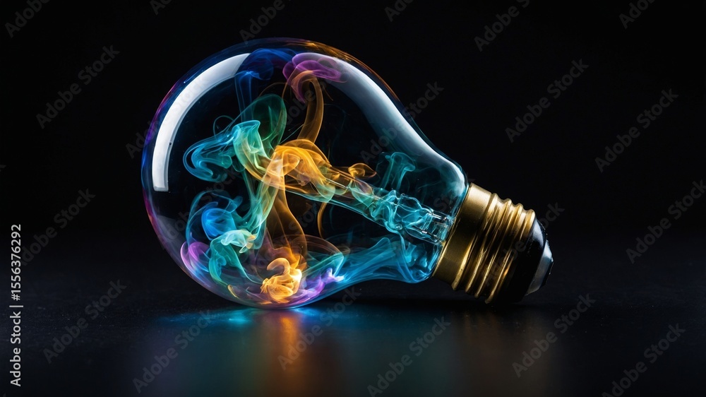 Poster colorful smoke swirls within a transparent light bulb, creating a mesmerizing display of vibrant hue