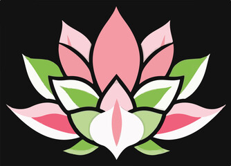 A beautifully stylized lotus flower with pink and green petals, highlighted with white accents, set against a dark background.