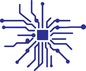A dark blue microchip or circuit board illustration with radiating lines and nodes on a white background.