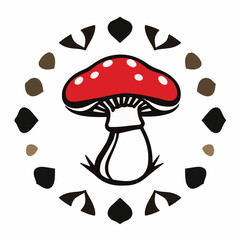 A stylized red mushroom with white spots is centered in a white circle, surrounded by a decorative border of brown and black shapes.