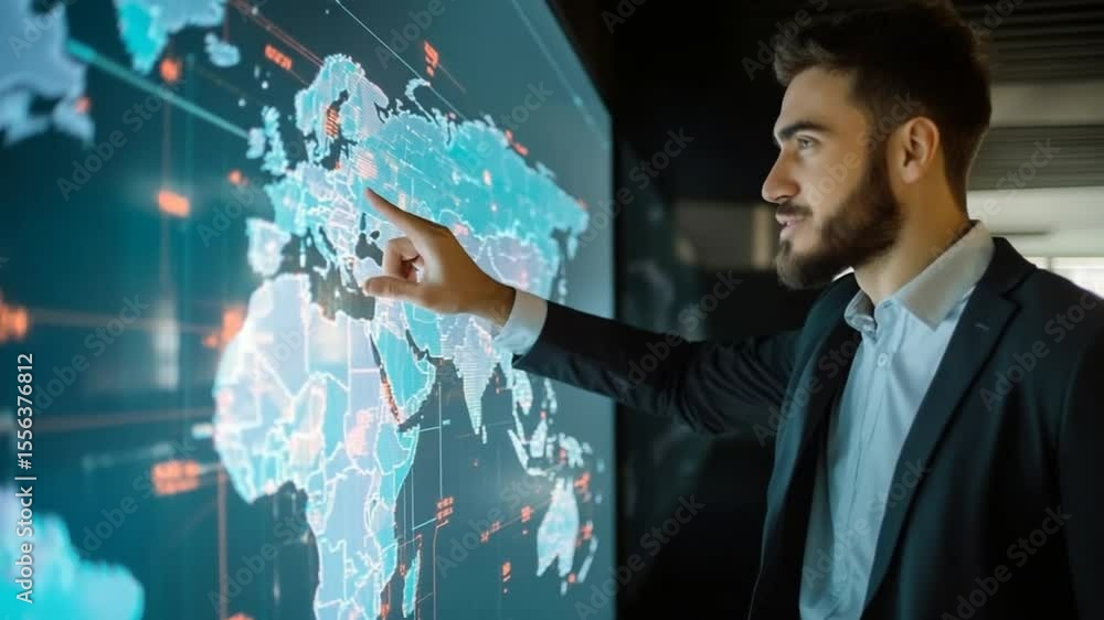 Poster executive analyzing global business data on interactive touch screen display