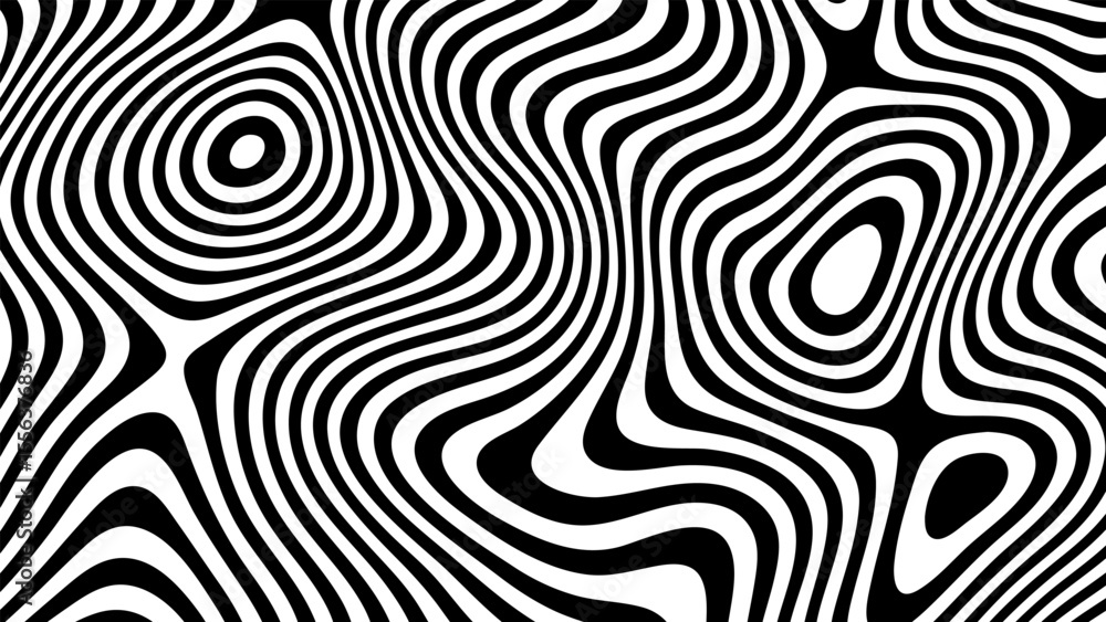 Poster Black and white abstract wavy lines pattern creating a mesmerizing optical illusion effect. Groovy psychedelic vector background.