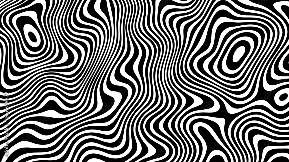 Poster Black and white abstract wavy lines pattern with flowing liquid-like texture. Minimalist psychedelic optical art background for design.