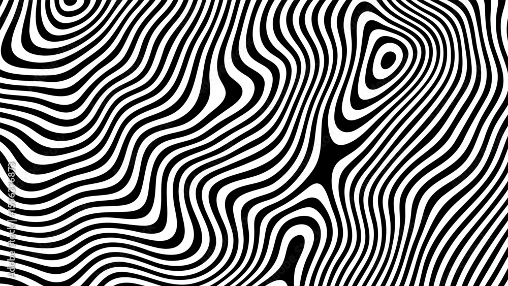 Poster black and white abstract flowing lines, an optical illusion as a modern wavy liquid striped pattern 