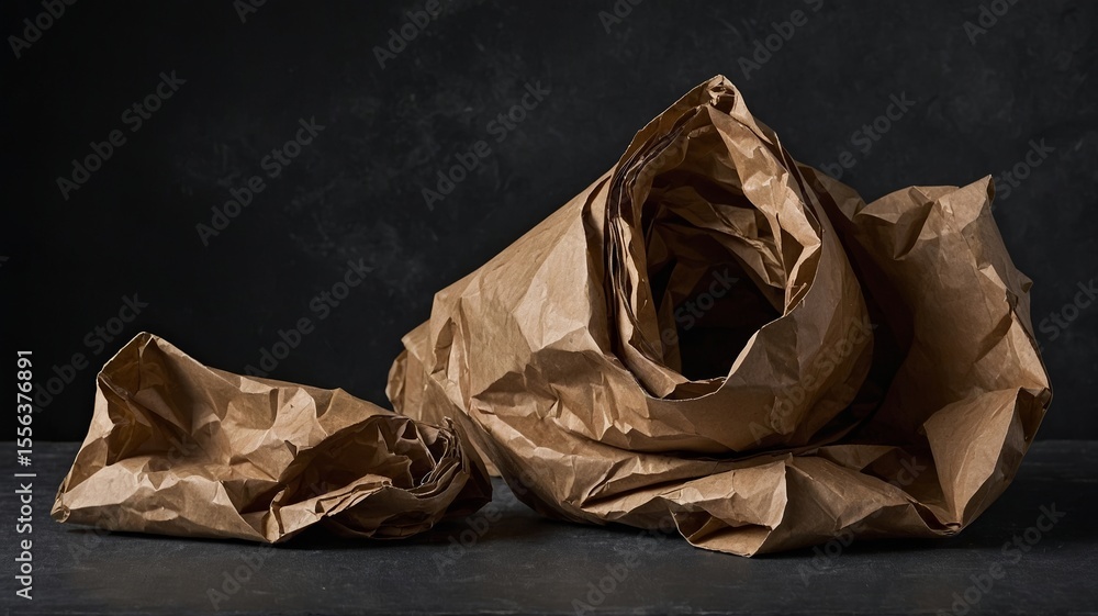 Poster crumpled brown paper rolls displayed on a dark surface, creating a textured and artistic arrangement