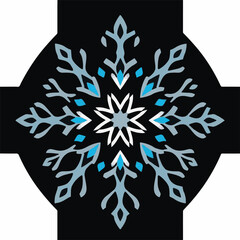 A stylized blue, white, and teal snowflake design centered on a black background within a circular cross shape.