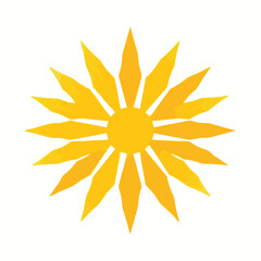 A vibrant, stylized yellow and orange sun or starburst with geometric rays.
