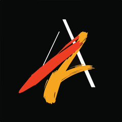 A bold, abstract logo featuring a white "A" shape overlaid with vibrant orange and red brushstrokes on a dark background.