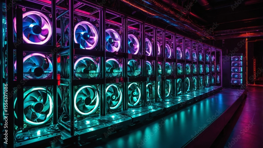 Aufkleber high-tech cryptocurrency mining operation featuring multiple cooling fans and vibrant lighting in a 