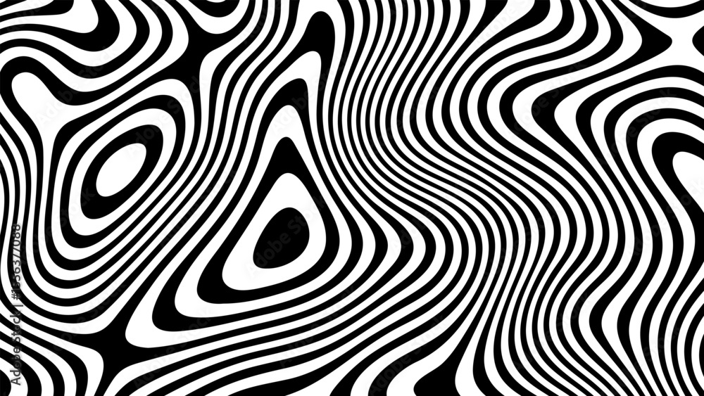 Poster black and white abstract liquid flow. groovy artistic psychedelic lines. curved wavy optical illusio