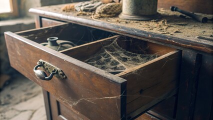 Antique drawer slightly open — cobwebs and forgotten contents inside