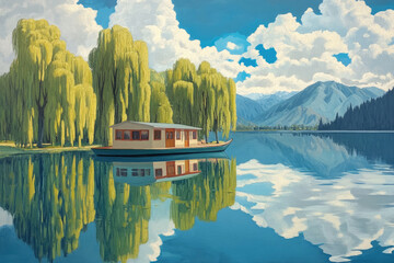 Tranquil houseboat floats on a calm lake surrounded by weeping willow trees and mountains