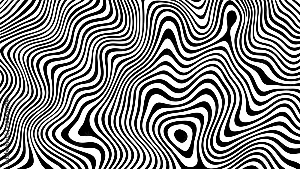 Poster Abstract fluid wavy stripes on a graphic background. Modern psychedelic pattern for decorative element and web design.