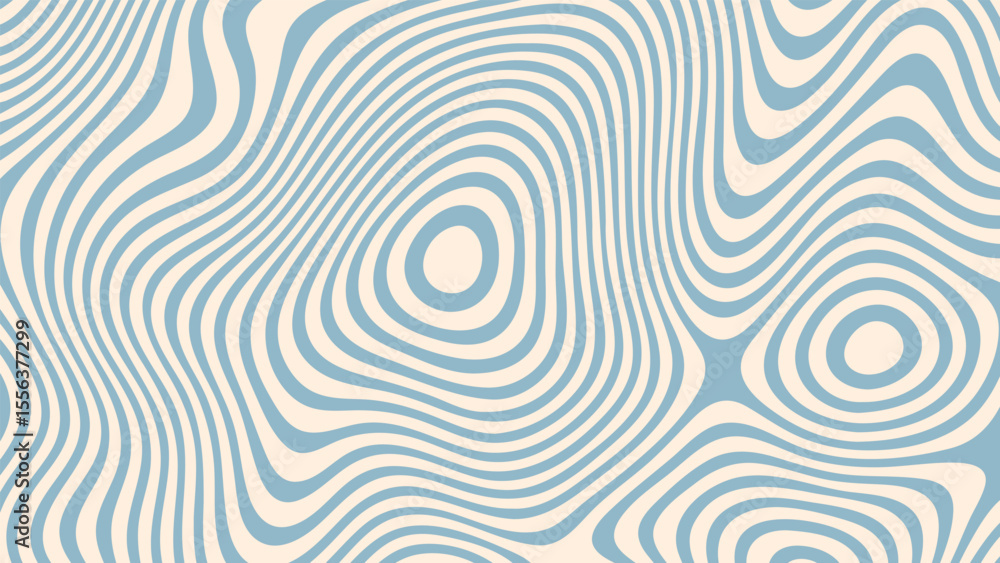 Poster Abstract groovy vector background with blue flowing wavy lines on a beige backdrop. Modern psychedelic pattern for graphic design.