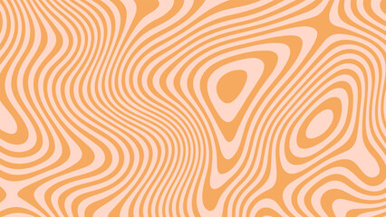 Abstract peach and orange warped lines create a groovy striped pattern. Optical illusion liquid art. Trendy banner background.