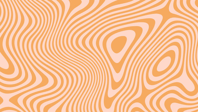Abstract peach and orange warped lines create a groovy striped pattern. Optical illusion liquid art. Trendy banner background.