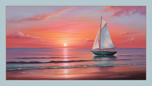 A serene sunset scene with warm, vibrant hues of orange, pink, and purple blending across the horizon, casting a tranquil ambiance over the calm sea with gentle, lapping waves. In the distance