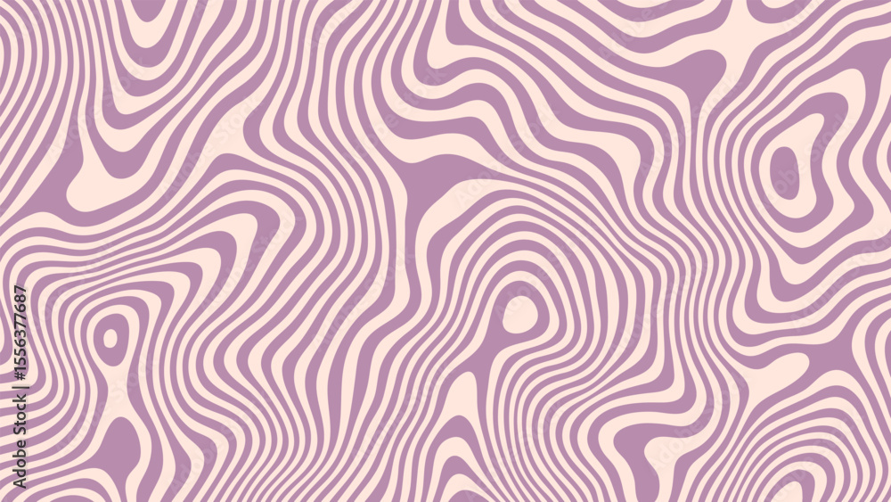 Poster Purple and cream psychedelic groovy wave pattern. Fluid swirling lines abstract background. Hippie retro style for fabric print.