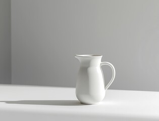 Minimalist white ceramic pitcher on a white surface with gray background image