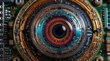 Intricate Design of a Mechanical Eye Surrounded by Complex Circuitry Showcasing Advanced Technology and Artistry