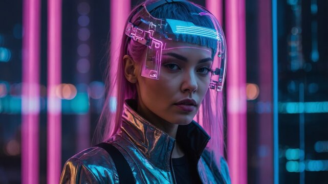 Futuristic Woman With Neon Headgear Poses Amid Glowing Pink and Blue Lights in a Vibrant Urban Setting at Night