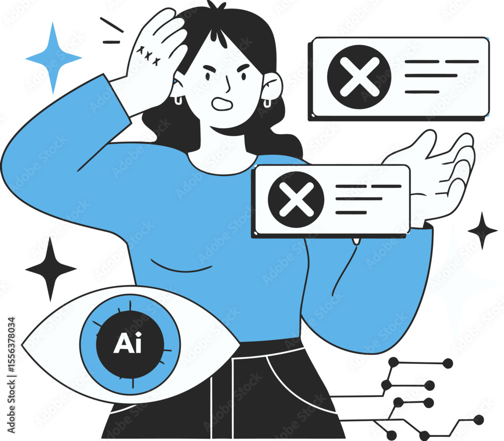Poster ai error message woman confused artificial intelligence fail problem technology system malfunction s