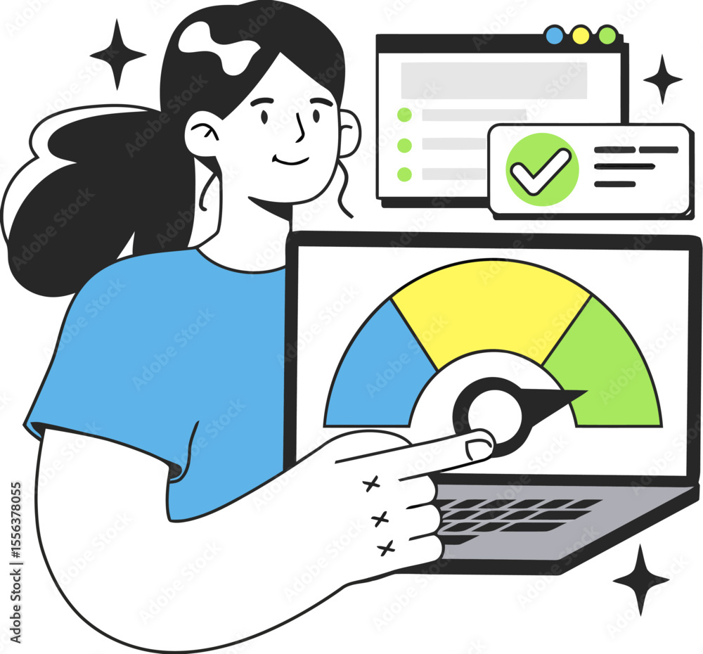 Poster woman laptop dashboard performance analysis report data chart success progress indicator internet we