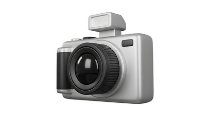 A silver digital camera with a built-in flash, presented against a plain white background.