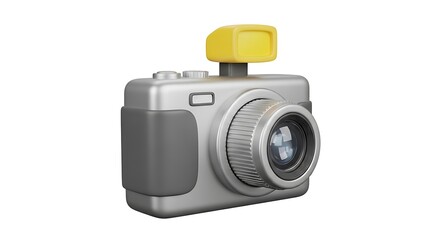 Fototapeta premium A digitally rendered illustration of a modern silver and gray camera with a yellow flash.
