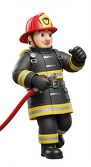 A Smiling 3D Rendered Firefighter In Black Uniform And Red Helmet Holds A Hose Nozzle While Flexing His Bicep On A White Background