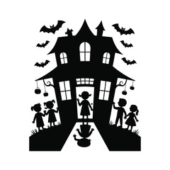 Silhouette of haunted house front door with group of kids waiting for candy on isolated black and white background