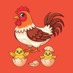Cartoon Chicken, Hen, and Cute Chicks Hatching.

