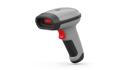 A handheld barcode scanner, featuring a red laser, ready for data input.