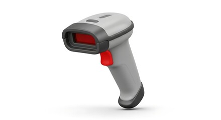 A gray and red handheld barcode scanner, isolated on a white background, ready for use.