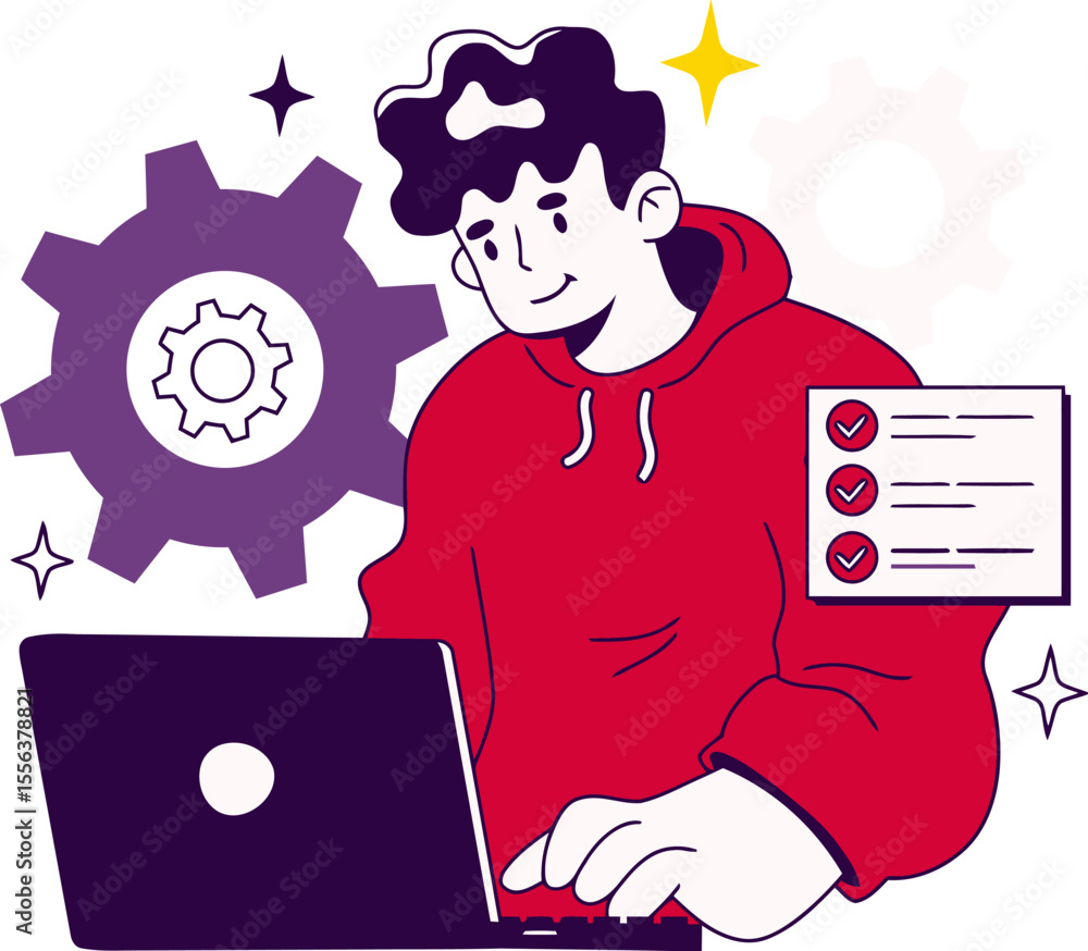 Poster illustration man laptop checklist gears workflow process management productivity efficiency tasks ve