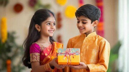 Indian brother and sister exchanging gift box at raksha bandhan festival, 4k Video
