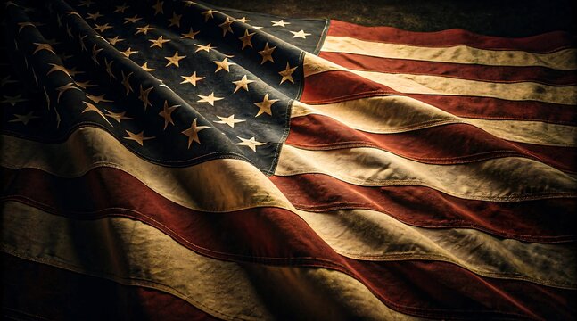 American flag with dramatic folds and textured lighting symbolizing resilience and national identity