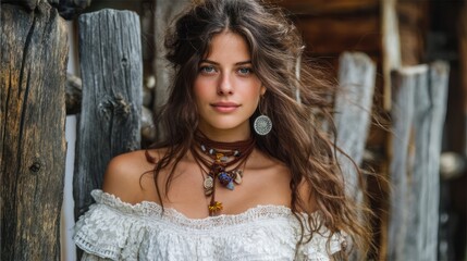 Fototapeta premium Portrait of a free-spirited woman with wind-blown hair, wearing an off-shoulder lace dress and handmade accessories, standing by a rustic wooden fence