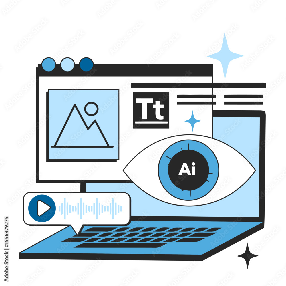 Poster ai vision image video text editing laptop technology automation learning concept illustration design