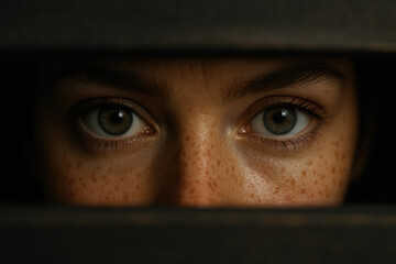 A close-up of brown eyes and freckled skin, peering through blinds