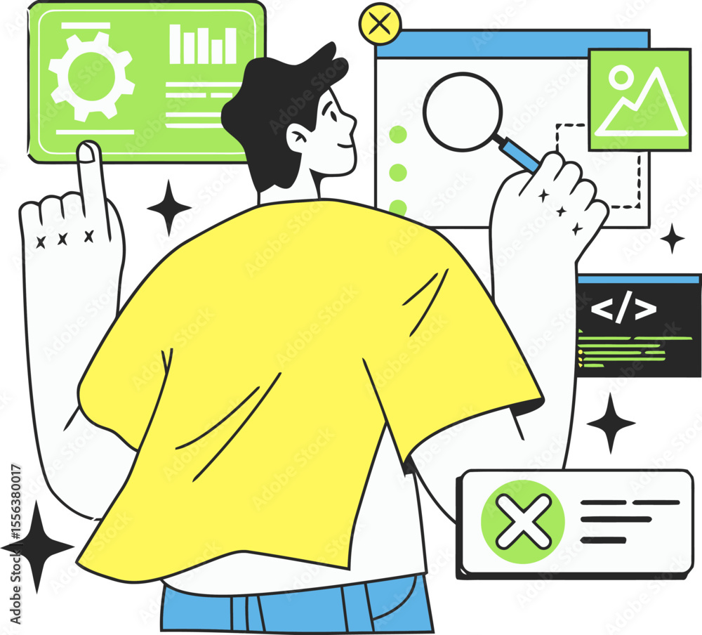 Poster man developer coding website seo design search engine optimization digital marketing strategy analys