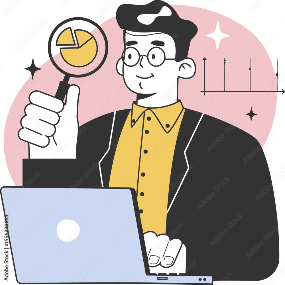 Poster man analysis data chart graph laptop business analytics report magnifying glass information research