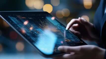 Businesswoman analyzing data on digital tablet with glowing futuristic interface - Powered by Adobe