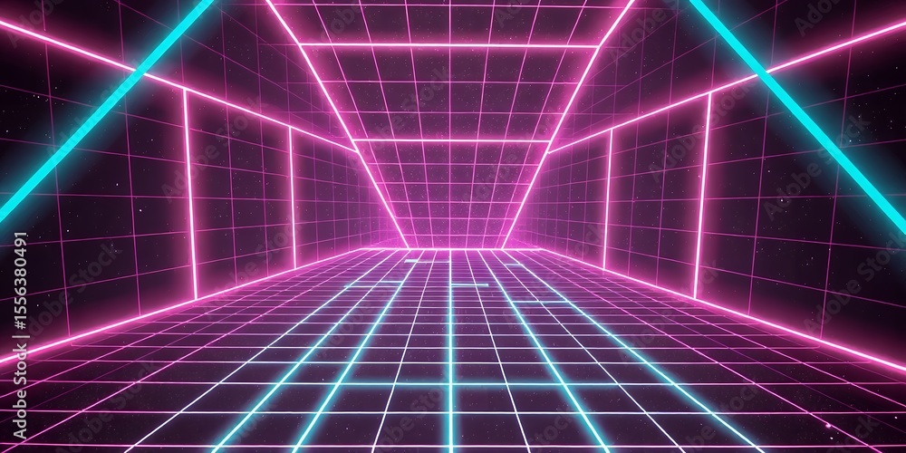 Poster a neon grid tunnel with pink and cyan lines creating a retro futuristic perspective view